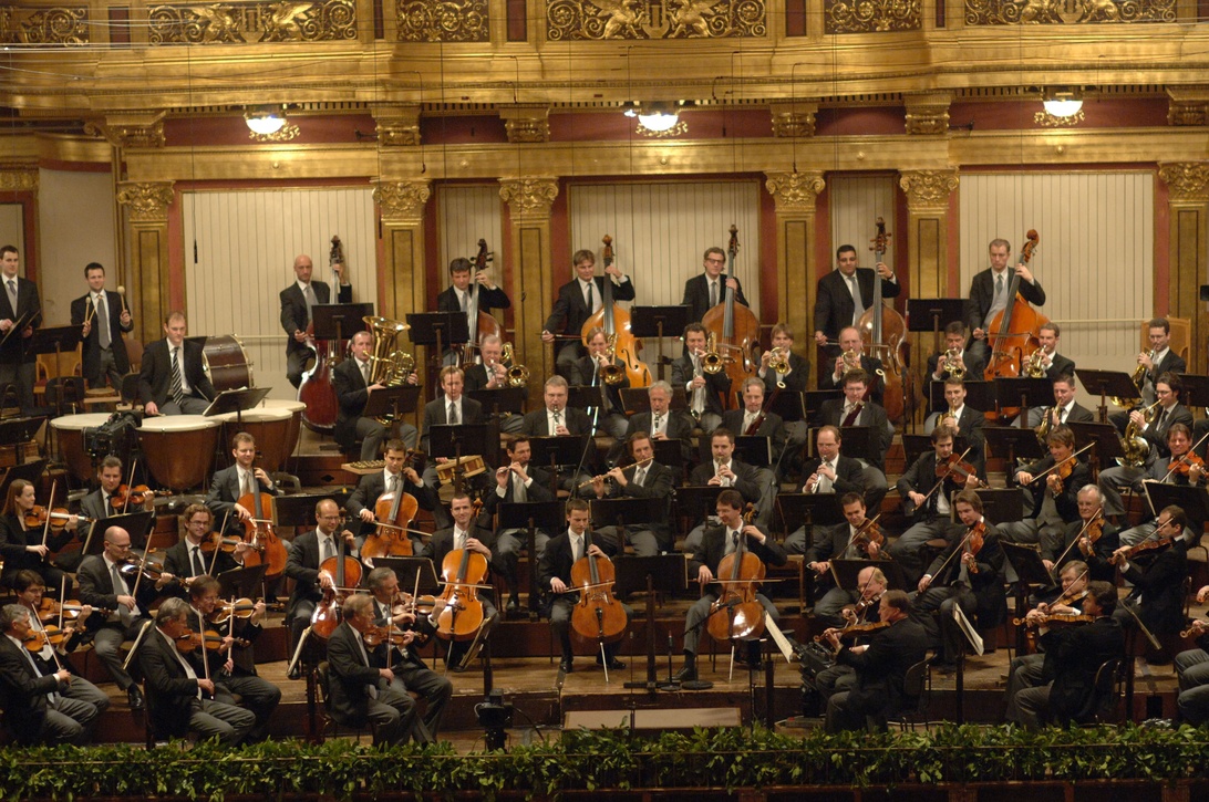 En full professionell symfoniorkester arrangerad på scen i en utsmyckad konsertsal med genomarbetade gyllene dekorativa element. Musikerna är formellt klädda i matchande klädsel, med stråksektioner framtill, träblås och bleckblås bakom, och slagverk längst bak – det klassiska arrangemanget för framförande av orkestral filmmusik. Den eleganta lokalen antyder att detta är en formell konsert med filmmusik.